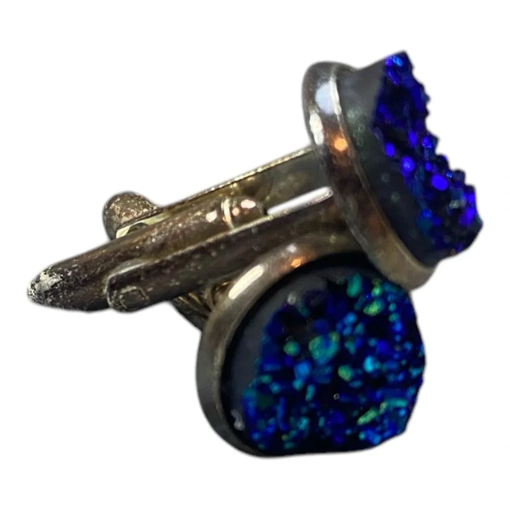 Silver‎ Tone Metallic Blue Faux Crystal Shimmer Cufflinks Lightweight Round